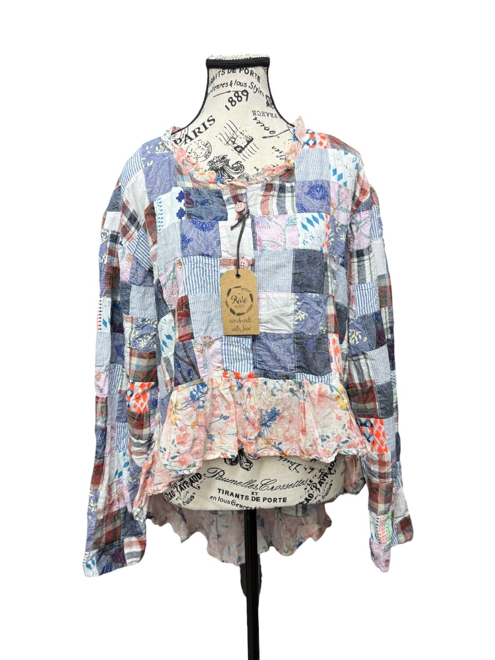 A Rare Bird Patchwork Ruffle Hem Pullover Hi-Lo Top in Blue & Pink
